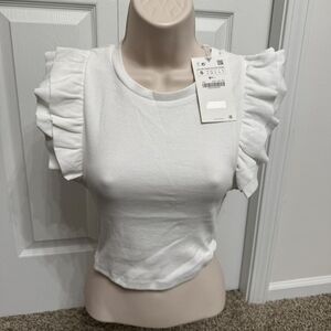 Zara White Ruffle-Sleeve Ribbed Crop Top